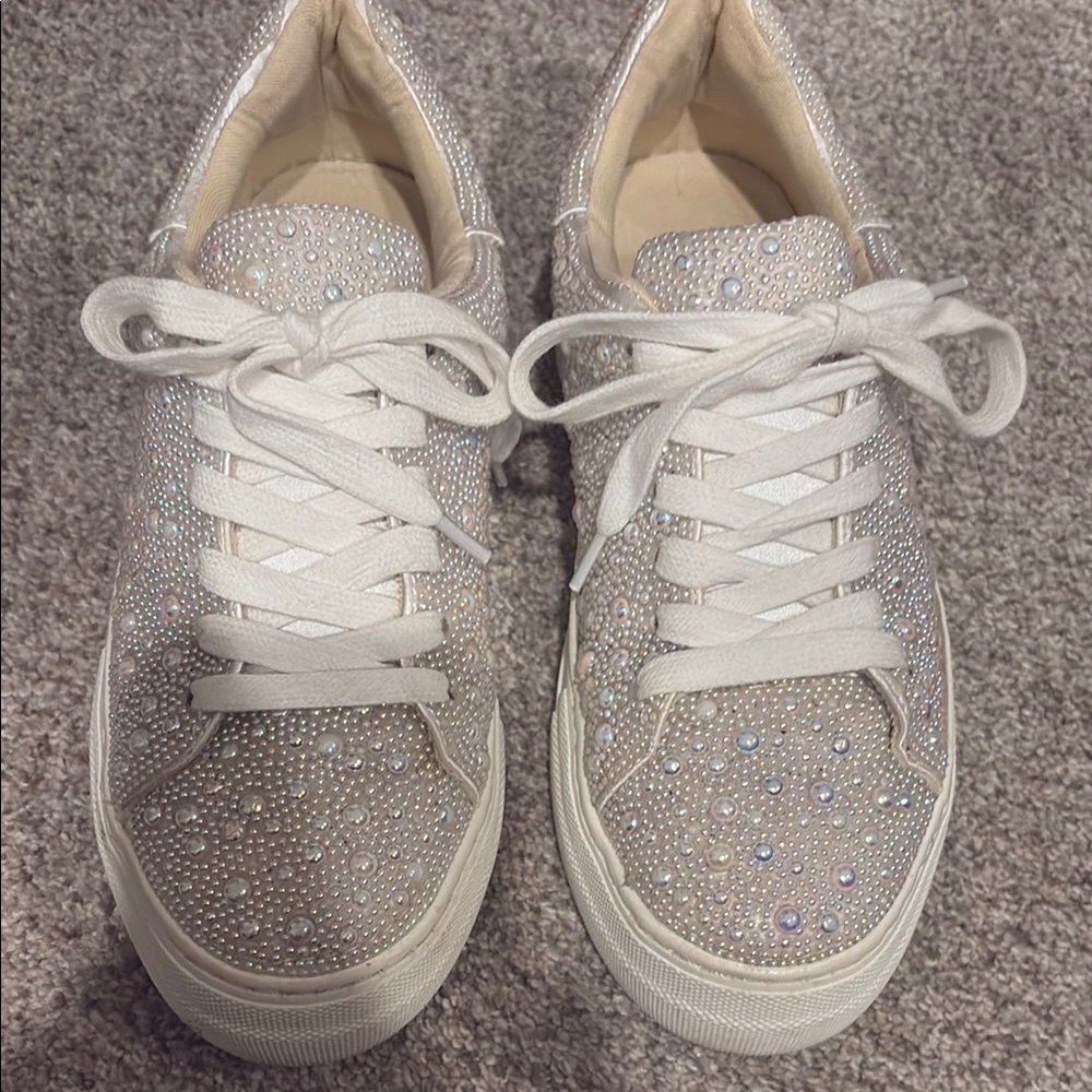 Betsey Johnson White Sneakers with Glittery Upper and Padded Tongue